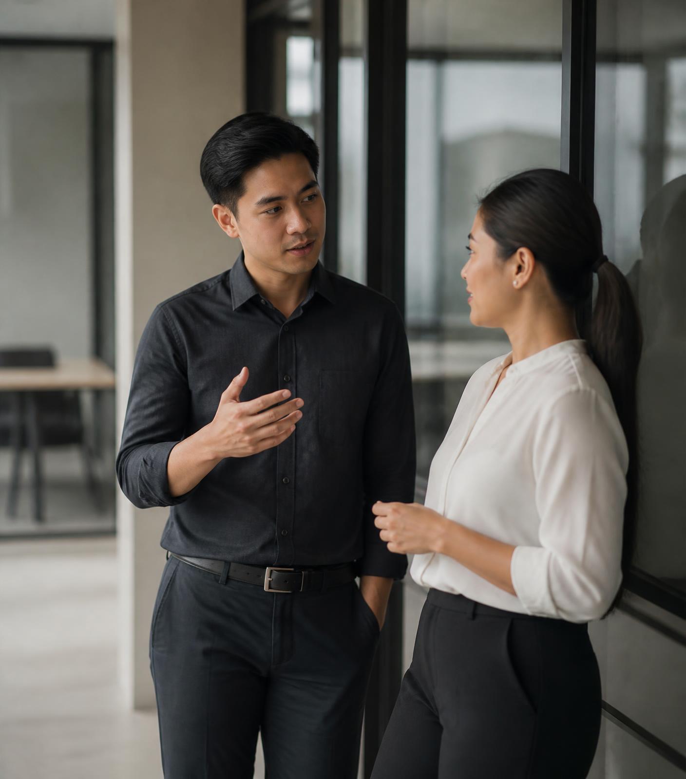 Two professionals discussing a strategic approach in a minimalist office
